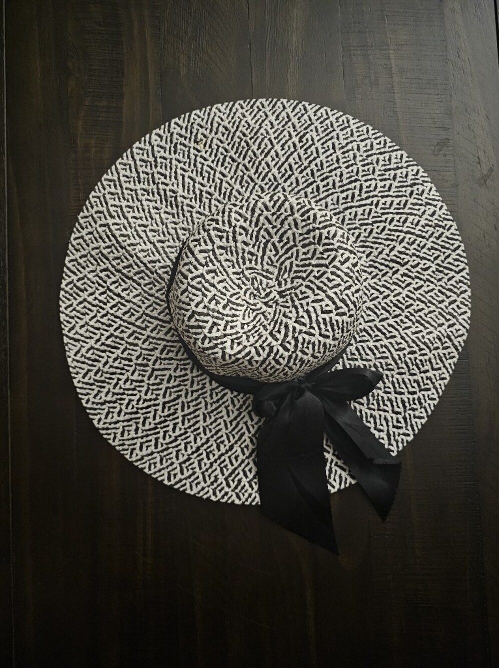 Wide Brim Black & White Straw Sun Hat with Black Ribbon Bow